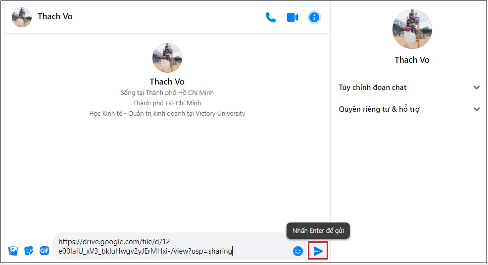 dán đường link vừa copy vào ô gõ văn bản trên Messenger và nhấn "Gửi"